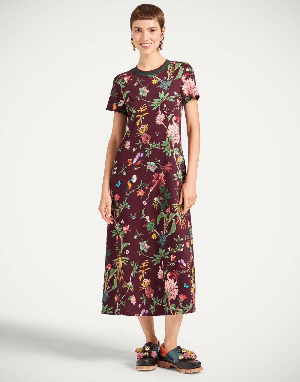 La DoubleJ Sporty Swing Dress Zooflora Burgundy in Cotton Jersey Midi Medium M